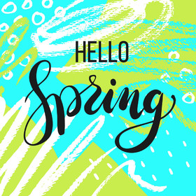 Hello, Spring! Bright green color. Green background. Turquoise background. Black Inscription. Free Download 2023 greeting card