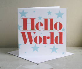 Hello world! Red inscription. bright-turquoise stars. Free Download 2024 greeting card