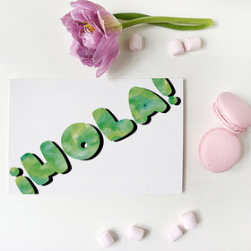 Hola! Handmade. Ecard 2018. Marshmallow. Violet Flower. Green text. Free Download 2024 greeting card