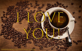 I Love You! Coffe. Gold text. Gold collection. A hot cup of very strong coffee. Coffee beans. Coffee heart. Free Download 2024 greeting card