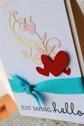 Just saying hello! Red hearts. A blue ribbon. Handmade. Ecard for woman. Free Download 2024 greeting card