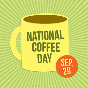 National coffee day. Cup of coffee. Yellow colour. National coffee day... Cup of coffee... great... good day. Sep. 29 Free Download 2024 greeting card