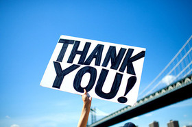 Thank You! Blue sky. A sign that says: Thank You! Free Download 2024 greeting card