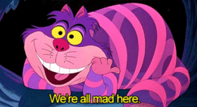 We are all mad here. Cheshire cat. Gif. Pink cat. Funny cat. Free Download 2022 greeting card