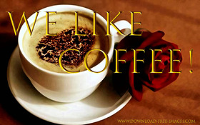 We like coffee! Happy Coffee day! Greeting Cards. Coffe. Gold text. Gold collection. A hot cup of very strong coffee. Coffee beans. Red rose. Heart. Free Download 2024 greeting card