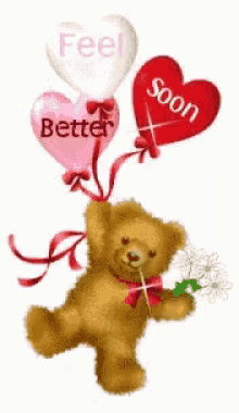 Feel better soon! Gif. Toy bear. Hearts. flowers. Beautiful balloons. Free Download 2023 greeting card