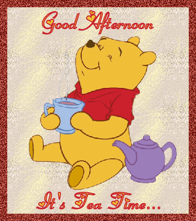 Good Afternoon! Ecard for kids. Tea time! Winnie the Pooh with a cup of tea. Ecard for children. Free Download 2022 greeting card