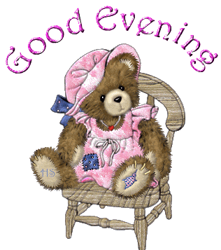 Good evening! Brown bear. GIF. Toy bear in a pink dress. Toy bear in a pink hat. Free Download 2024 greeting card