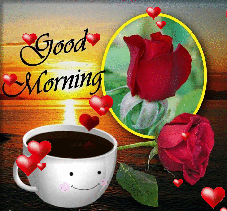 Animated e-card with a good morning cup of coffee. Good Morning. Cup of coffee. Flowers. Red Roses. Red Hearts. Animated. New ecard for free. Free Download 2023 greeting card