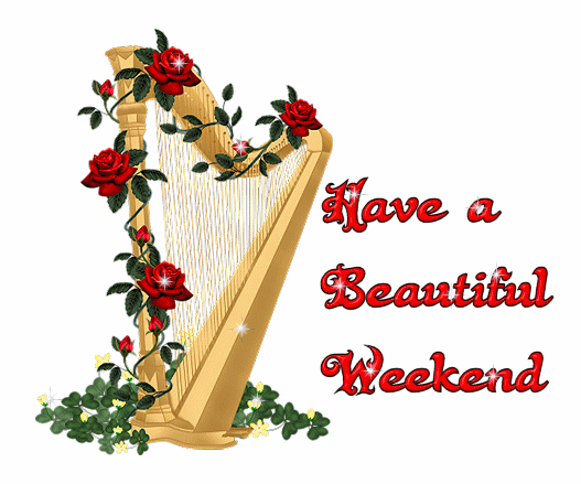 Happy a beautiful Weekend! GIF Image. A golden harp. Red roses. Free Download 2023 greeting card