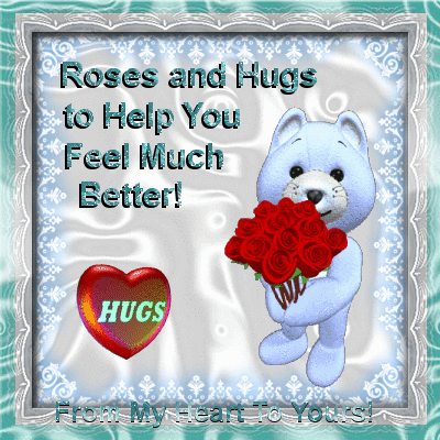 Roses And Hugs to help You feel much better! National hug day. Greeting card. Blue cat. Red heart. Red roses. GIF. Free Download 2022 greeting card