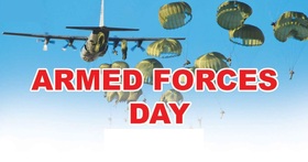 Armed forces day... Ecards for him... Armed forces day 2018... Military aircraft... Parachutes... Blue sky... Free Download 2024 greeting card