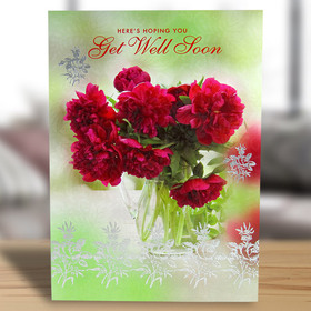 Get Well Soon postcard. Ecard. Here's hopping you will get well soon. Red flowers in a vase on a postcard with get well wishes. Free Download 2025 greeting card