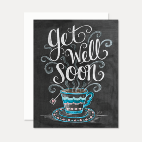 Get Well Soon and a cup of tea. New ecard. Get well. Cup of tea. Hope you will get well soon. Get well wishes and postcard. Free Download 2024 greeting card