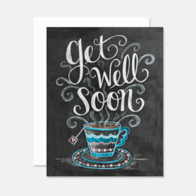 Get Well Soon and a cup of tea. New ecard. Get well. Cup of tea. Hope you will get well soon. Get well wishes and postcard. Free Download 2025 greeting card