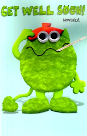 Monster wishes to get well soon. New ecard. Get well postcard for a friend. Postard gettwell soon. Green monster with get well wishes. Free Download 2025 greeting card