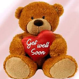 Get Well Soon with a teddy. New ecard for her. Get well soon, my love, darling, honey, baby. Teddy bear with a heart and get well wishes. Free Download 2025 greeting card