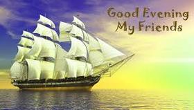 Good Evening card with the ship. Ecard. Let this evening give pleasure and a lot of romance. Free Download 2025 greeting card