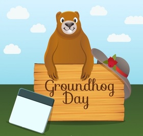 Groundhog day... Ecard for father... hat... calendar... board... clear sky... Free Download 2025 greeting card