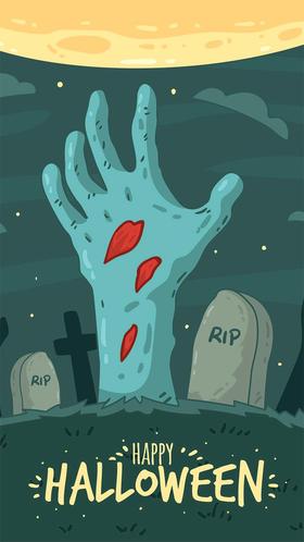 Scary cemetery. Ecard. Scary hand. Rip. Scary cemetery of Hallowwen night. Free Download 2025 greeting card