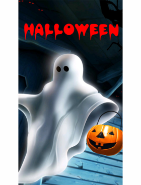 Halloween's scary ghost. Ecard. White ghost and pumpkin are waiting for you. Free Download 2024 greeting card