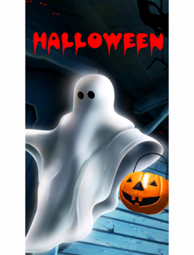 Halloween's scary ghost. Ecard. White ghost and pumpkin are waiting for you. Free Download 2025 greeting card