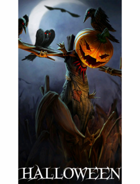 The scary scarecrow. Halloween card. Have a large pocket of treats. Scarecrow with any raven. Free Download 2024 greeting card