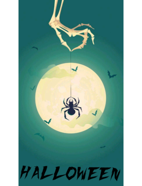 Skeleton's hand keep a spider. Ecard. Halloween's moon. Skeleton and his spider. Free Download 2024 greeting card