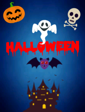 Halloween with a bat, pumpkin, skeleton and ghost. White ghost. Abondoned castle. Prange pumpkin. Scary bat. Free Download 2024 greeting card