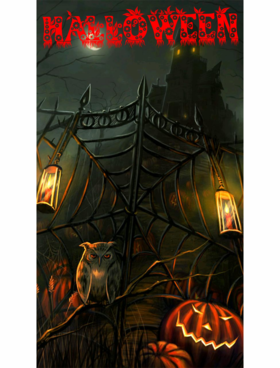 Halloween postcard with a spider web. New ecard. Halloween. Spider web. Scary night. Pumpkins. An Owl. A terrible castle. Halloween postcard. Free Download 2024 greeting card