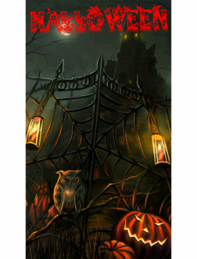 Halloween postcard with a spider web. New ecard. Halloween. Spider web. Scary night. Pumpkins. An Owl. A terrible castle. Halloween postcard. Free Download 2025 greeting card