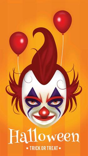 Halloween clown. New ecard for free. Nice Halloween. Clown. Red baloons. Trick or treat? Scarry clown. Horror. Have a great Halloween! Free Download 2025 greeting card