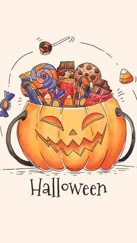 Pumking with treats. New ecard for free. Halloween. We are gonna have lots of sweets tonight. Hallowen sweets. Treat or trick? Free Download 2024 greeting card