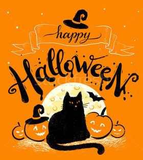 Happy Halloween and a black cat. New ecard. Halloween. Black Halloween cat. Halloween pumpkins. Trick or Treat? Happy Halloween wishes. Free Download 2025 greeting card