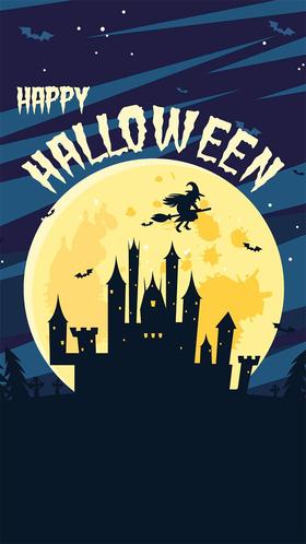 Halloween and a moon. New ecard for free. Happy Halloween. Huge castle. Witch. Postcard Happy Halloween for a friend. Dark moon. Hallowen greetings. Free Download 2025 greeting card