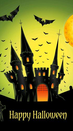 Halloween castle. New ecard for free. Halloween. Large castle and sunset. Wishing you an eerie, spooky, hair-raising, spell-binding Halloween! Free Download 2024 greeting card