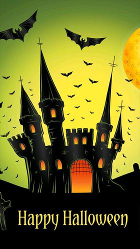 Halloween castle. New ecard for free. Halloween. Large castle and sunset. Wishing you an eerie, spooky, hair-raising, spell-binding Halloween! Free Download 2025 greeting card