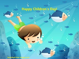 Happy Child and swimming. New ecard for free! Happy Child and swimming. Fish. Having Fun. Free Download 2024 greeting card