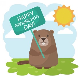 Happy Groundhog day!!! Ecard for father... Marmot holding a sign... A merry marmot... Free Download 2025 greeting card