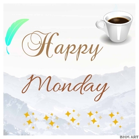Monday coffee on a white background. Ecard. Happy Monday. Mountains. Monday Coffee. Brightful Monday wishes. Free Download 2024 greeting card