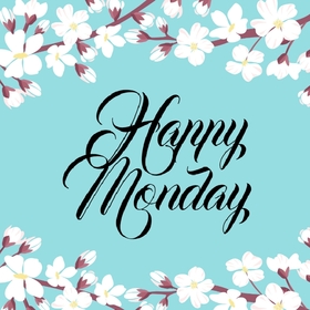 Happy Monday card. Spring ecard. Monday. Cute, calm, blue background. Have a nice day. Happy Monday cards. Monday wishes. White flowers. Let your Monday to be great. Free Download 2025 greeting card