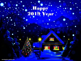 Happy New Year 2019! Snowy and beautiful night. Happy New Year 2019. Night. House. Snow. Lights. Fir-tree. X-mas tree. Christmas tree. Free Download 2025 greeting card