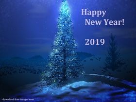 New Year 2019 mystical night. New ecard 2019. Happy New Year 2019. Mystical Night. Fir-tree. X-mas tree. Christmas tree. Lightening. Blue light. Free Download 2024 greeting card