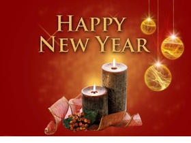 Your mum may like this card. Download! Magic ecard Happy New Year. Two Candles. Yellow Balls. Red background Free Download 2025 greeting card