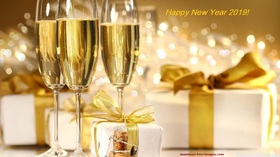 Happy New Year 2019 for your family! Magic ecard. Happy New Year 2019. Three glasses of Champagne. Presents. Golden lights. Free Download 2025 greeting card