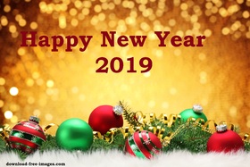 Happy New Year 2019! Bright and colorful card. Happy New Year 2019. Snow. Red and green Balls. Golden background. Magic ecard 2019. Free Download 2025 greeting card