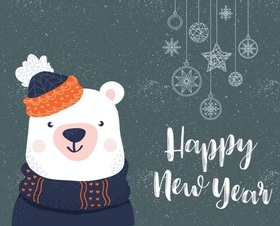 Happy New Year 2019 from a cute bear! Magic ecard. Happy New Year 2019. White polar Bear. Balls. Snowflakes. Free Download 2025 greeting card