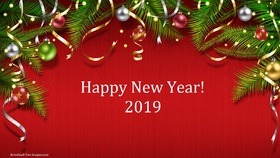 Bright red new year card! New ecard 2019. Happy New Year 2019. Balls. Fir-tree. X-mas tree. Christmas tree. Red card. Free Download 2024 greeting card