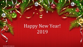 Bright red new year card! New ecard 2019. Happy New Year 2019. Balls. Fir-tree. X-mas tree. Christmas tree. Red card. Free Download 2025 greeting card