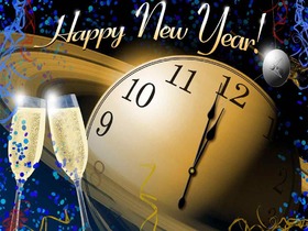 Happy New Year 2019! One minute to New Year! Ecard Happy New Year 2019. Two Champagne glasses. Clocks. One minute to New Year. Confetti Free Download 2025 greeting card